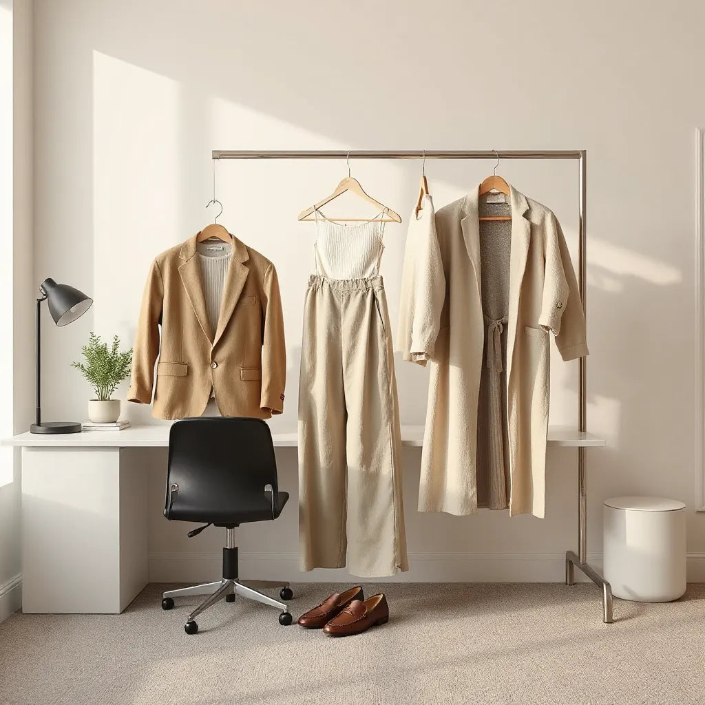 Neatly styled office outfits on a clothing rack in a bright modern workspace