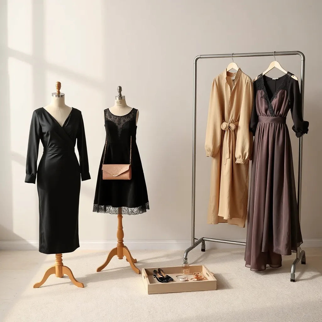 Elegant evening dresses on mannequins with satin and lace textures in a softly lit setting