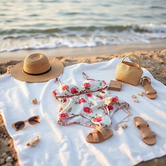 Floral swim outfit on a towel with beach accessories near the shoreline at golden hour
