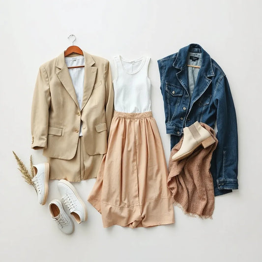 Neutral capsule wardrobe of versatile women’s pieces laid out with blazer, dress, skirt, and boots