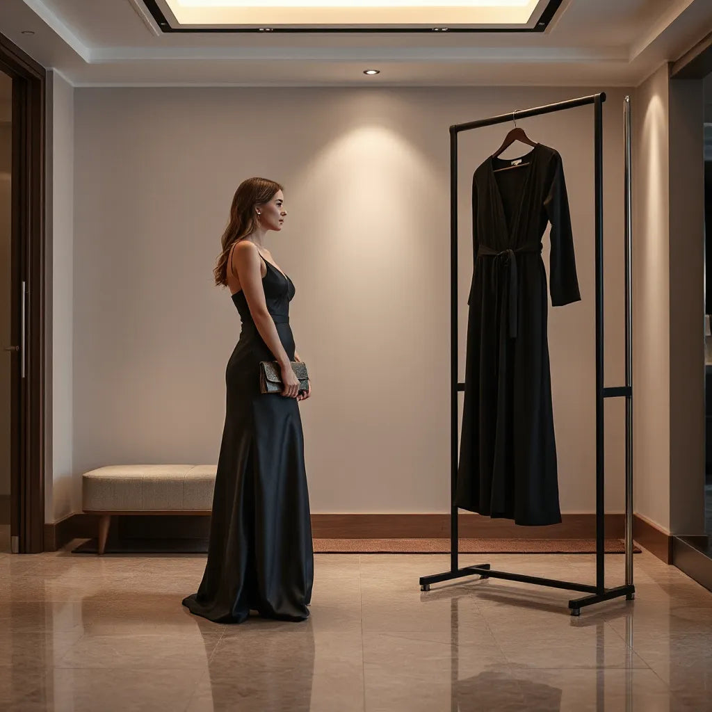 Woman in an elegant evening dress standing in a softly lit upscale event venue with accessories nearby