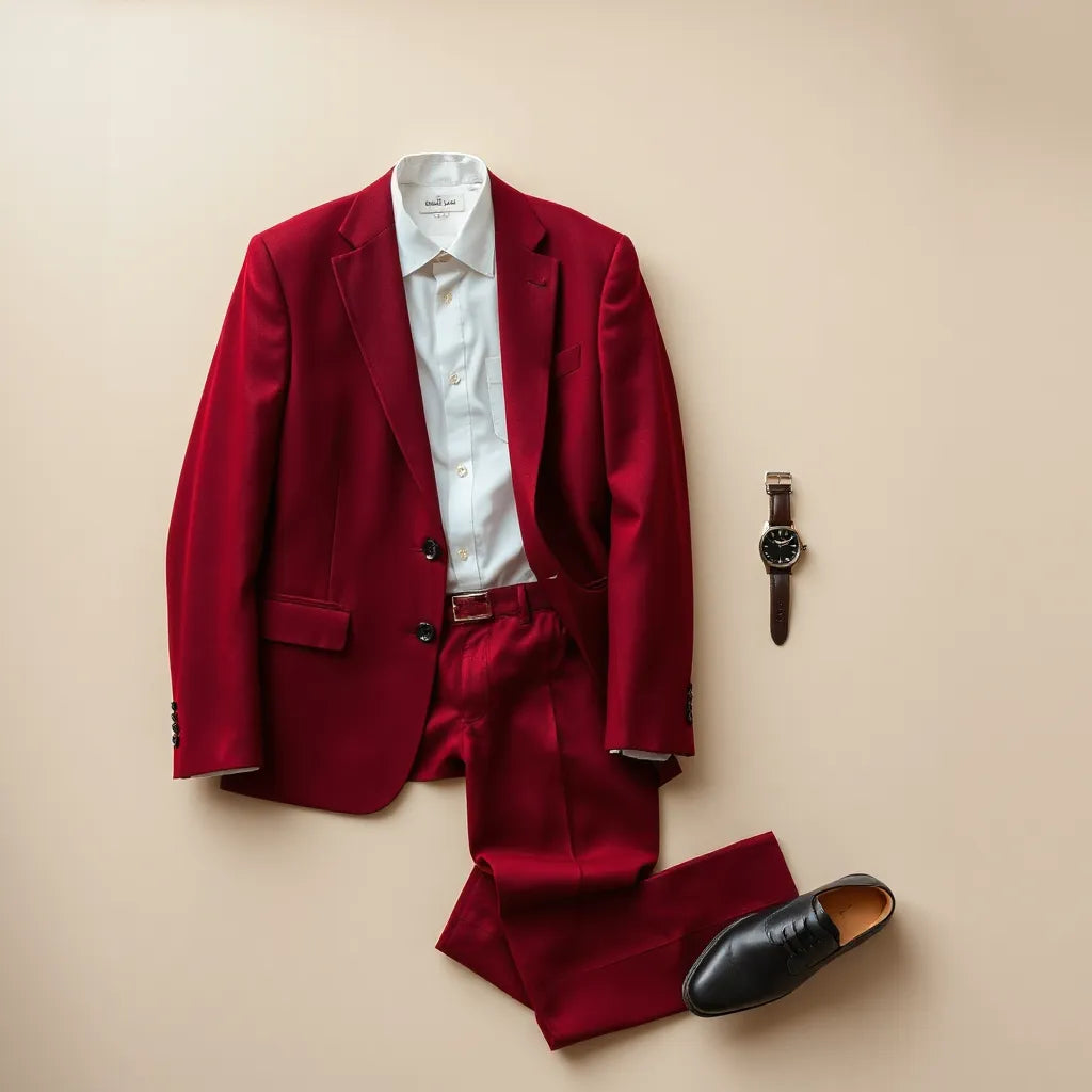 Dark red tailored blazer suit with white shirt and neatly styled black dress shoes on a neutral background