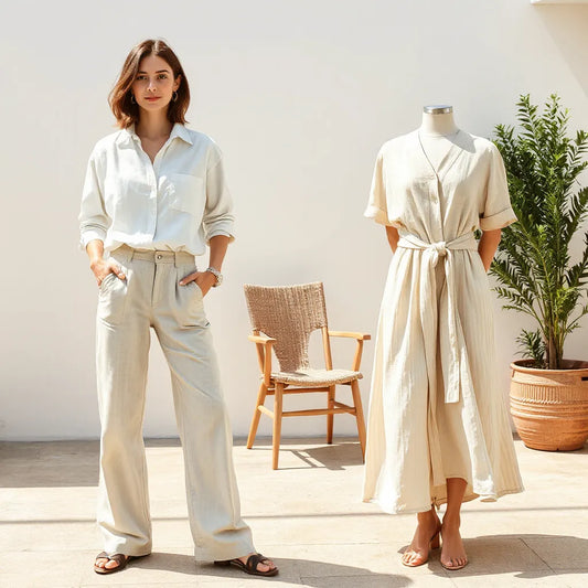 Woman wearing breathable summer outfits outdoors with lightweight fabrics in warm daylight