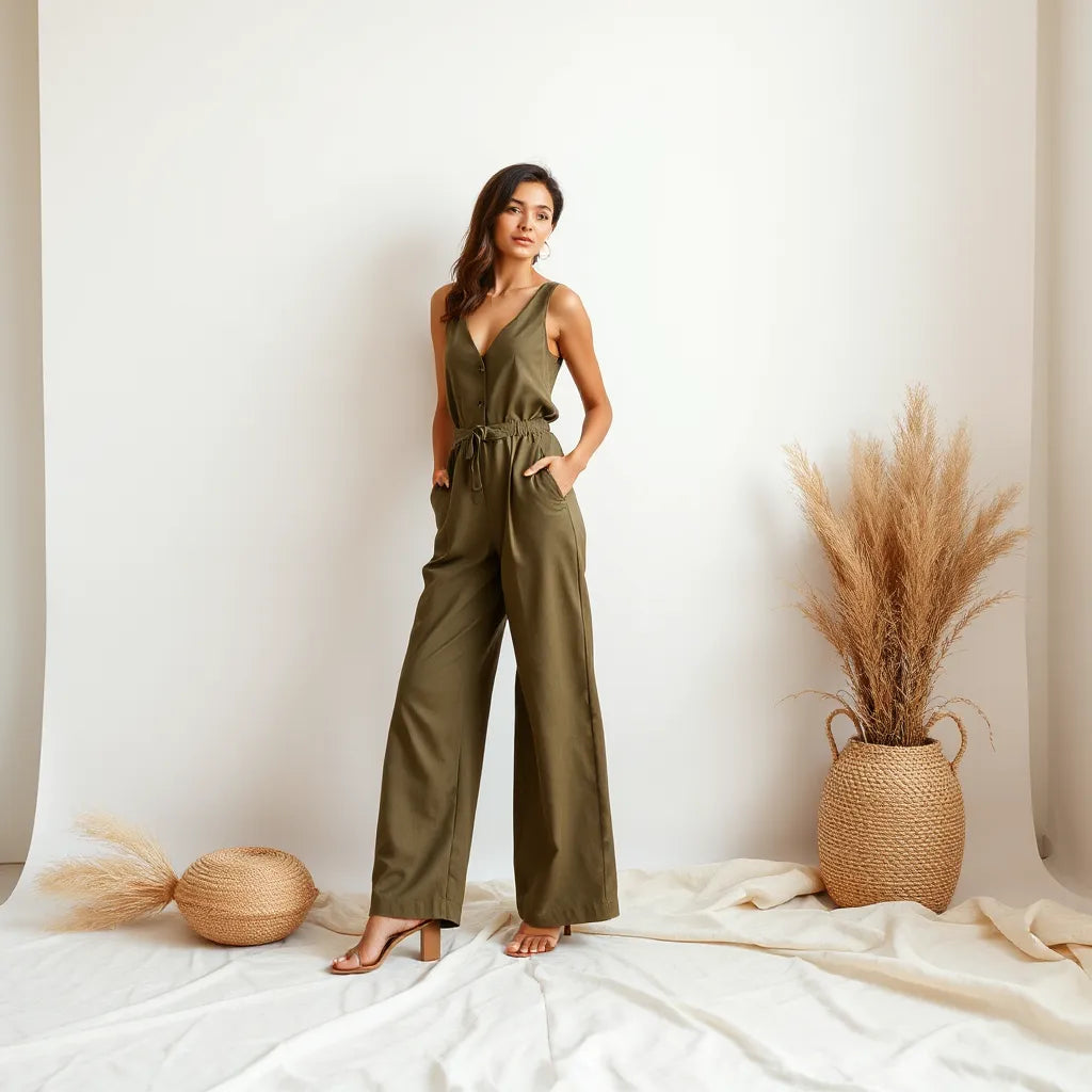 Model wearing a modern tailored jumpsuit with a clean background and soft daylight