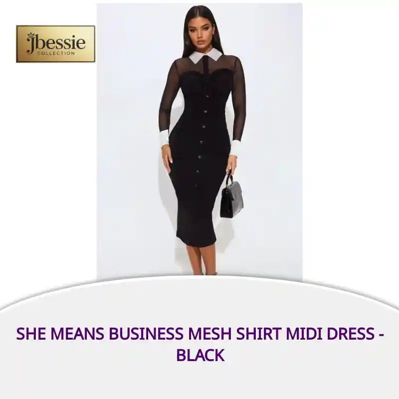 She Means Business Mesh Shirt Midi Dress - Black by@Outfy