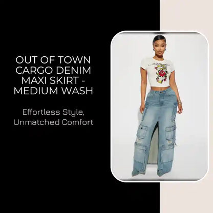 Out Of Town Cargo Denim Maxi Skirt - Medium Wash by@Outfy