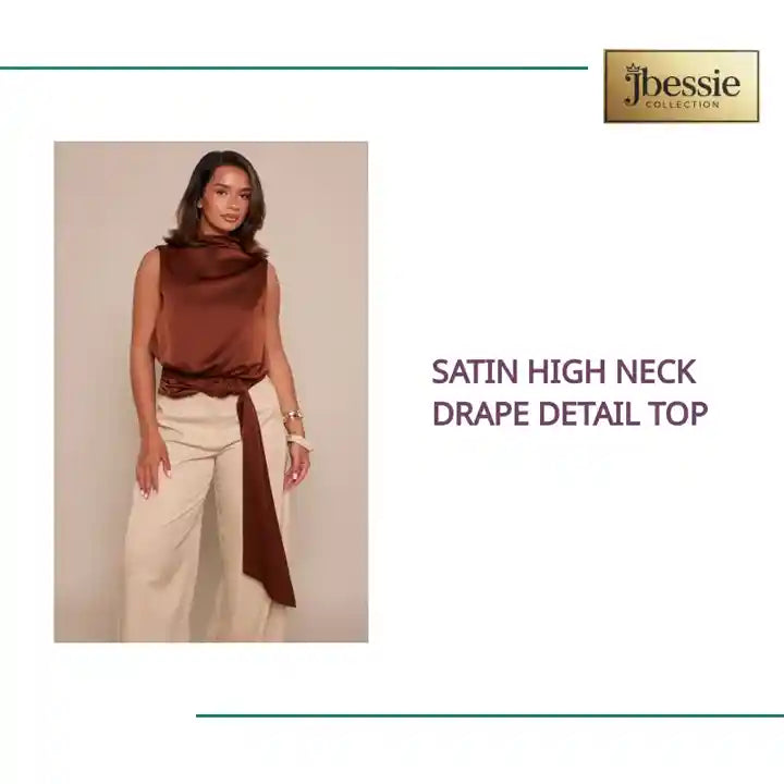 Satin High Neck Drape Detail Top by@Outfy